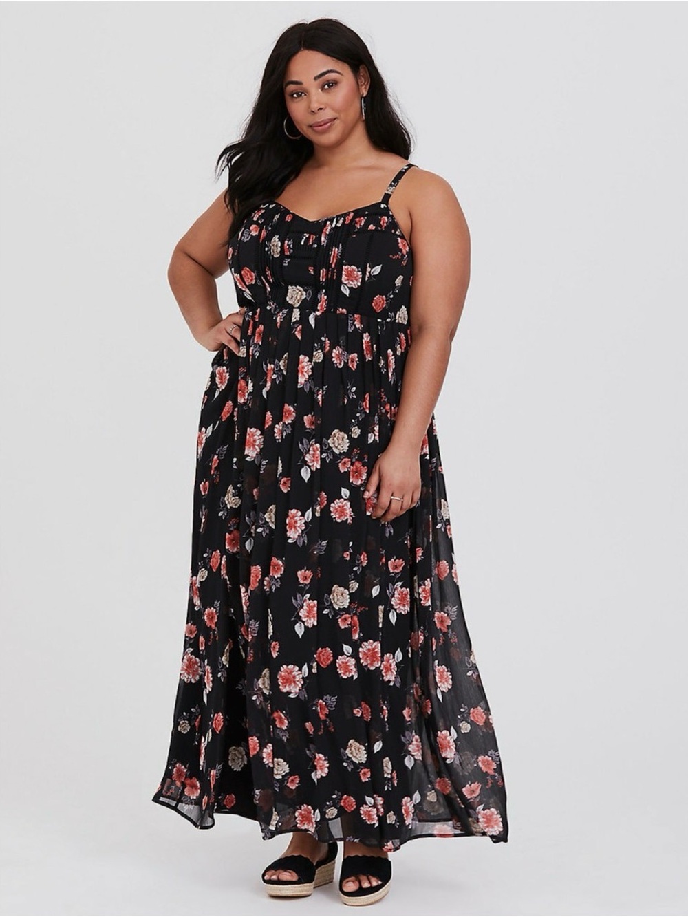 Torrid 2X Black Floral Chiffon Maxi Dress Size Sleeveless Pleated Lined Boho - Picture 2 of 9